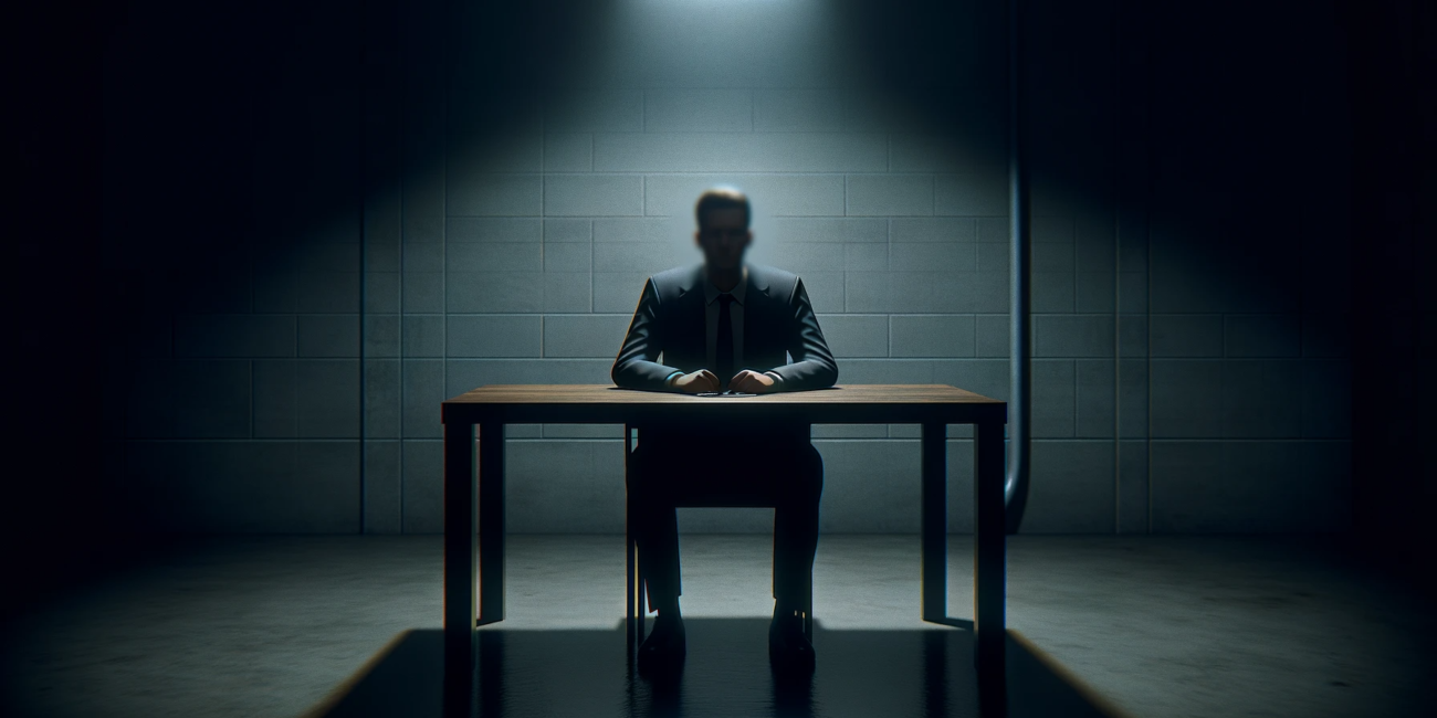A man, sat in a dark interrogation style room. His face is blurred so we don't know who he is. Private Investigator