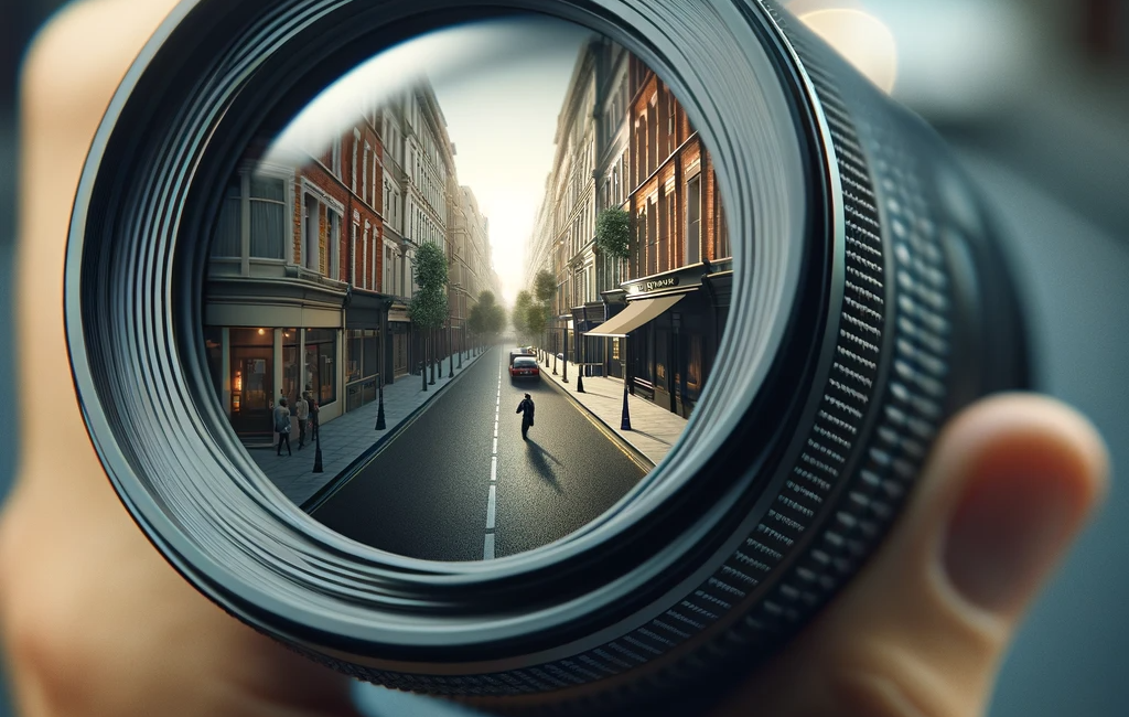 A hand holding a camera lens, with the reflection of a nice quiet street in the lens. Private Investigator.
