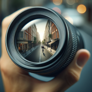 A hand holding a camera lens, with the reflection of a nice quiet street in the lens. Private Investigator.