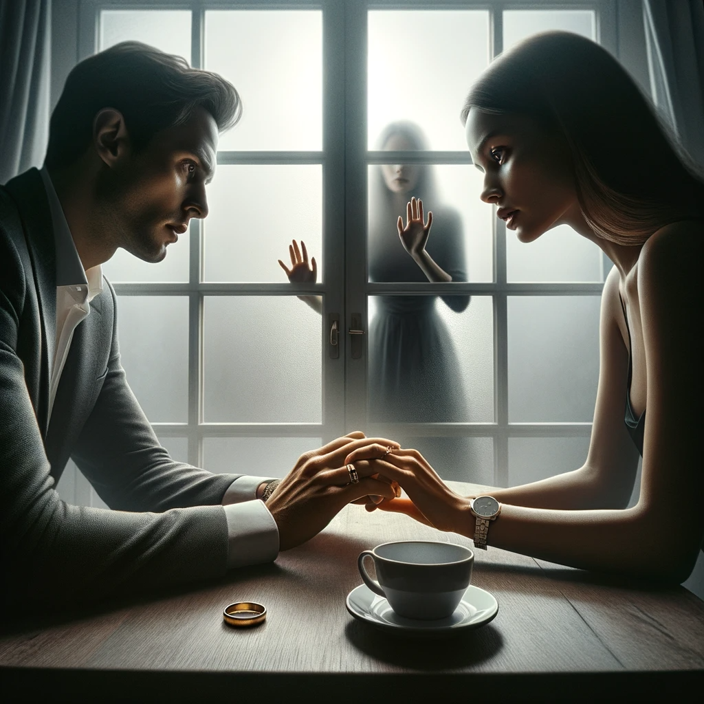 A man and woman sitting at a table together, holding hands. A second female is the other side of a frosted door, looking in on the couple. It appears the pair are having n affair. A well dressed couple out on a date in a fancy bar together. cheating partner. private investigator