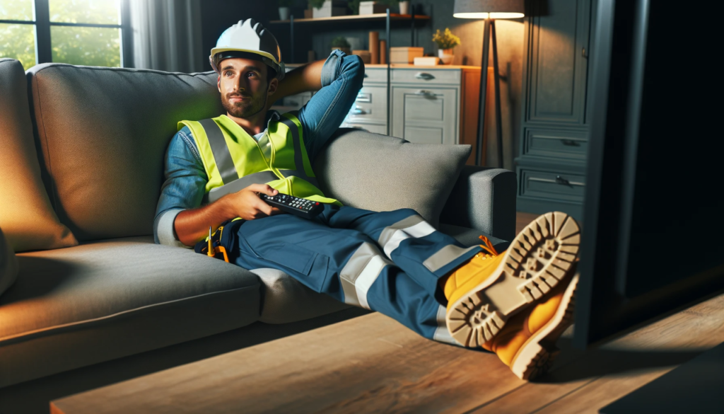 A man at home, relaxing on his sofa in workwear with his feet up on a coffee table. The image depicts Employee Absenteeism as he should be at work, but is not. Private Investigator
