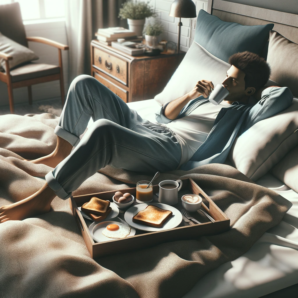 A man at home, relaxing in casual clothes on his bed. The image depicts Employee Absenteeism as he should be at work, but is not. Private Investigator