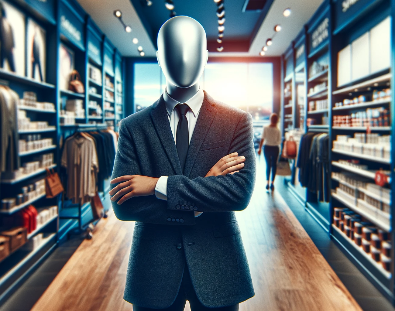 A private investigator carrying out a mystery shop investigation in a clothing shop. His face is covered, to depict the covert aspect of operations. Private Investigator