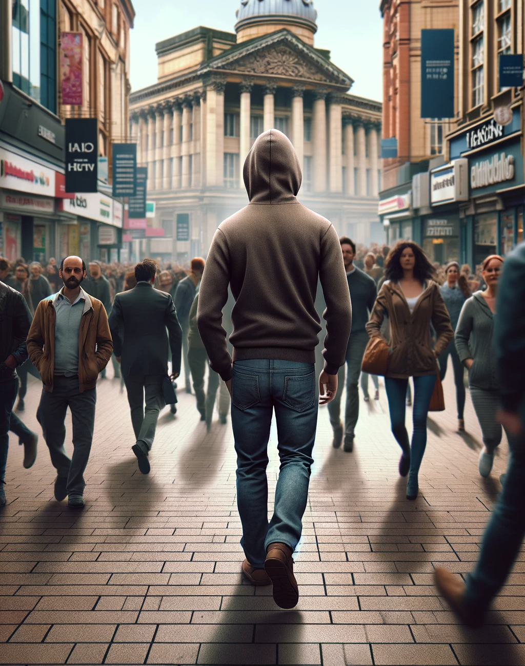A private investigator walking through a crowded city centre as he conducts surveillance. Private Investigator.