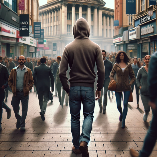 A private investigator walking through a crowded city centre as he conducts surveillance. Private Investigator.
