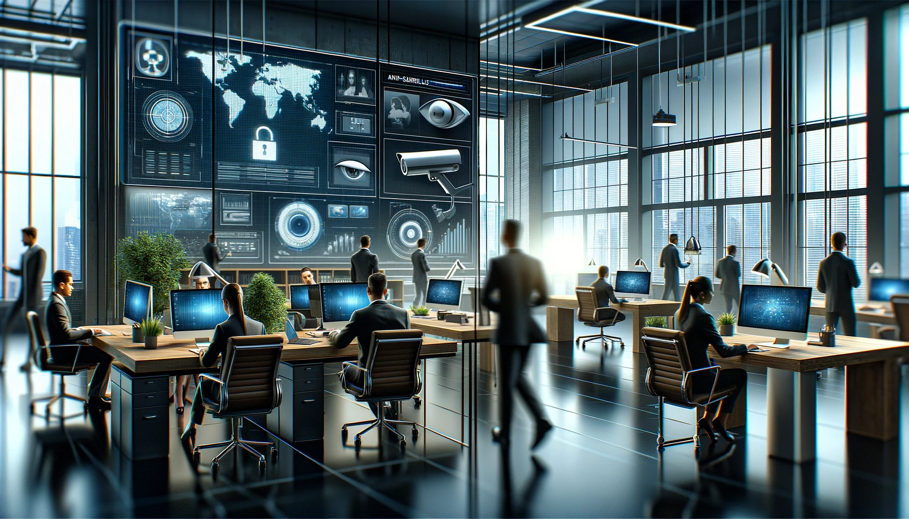 A busy office, with lots of private investigators working on computers. There is a large projection in front of them showing surveillance related images. Private Investigator