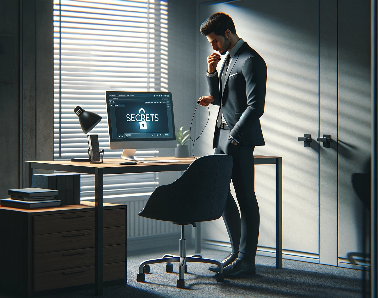 An employee in an office next to a computer. the screen says 'secrets' and suggests the man is downloading restricted company information. Private Investigator