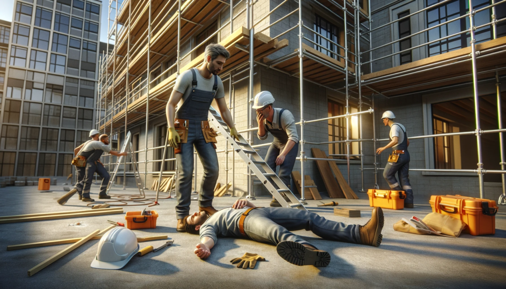 A construction worker fallen from scaffolding with his friends standing around him. personal injury claim. Private Investigator