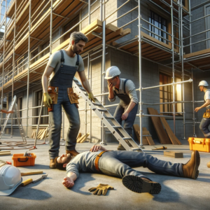 A construction worker fallen from scaffolding with his friends standing around him. personal injury claim. Private Investigator