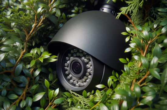 A covert PTZ camera in a bush, used for surveillance. Private Investigator.